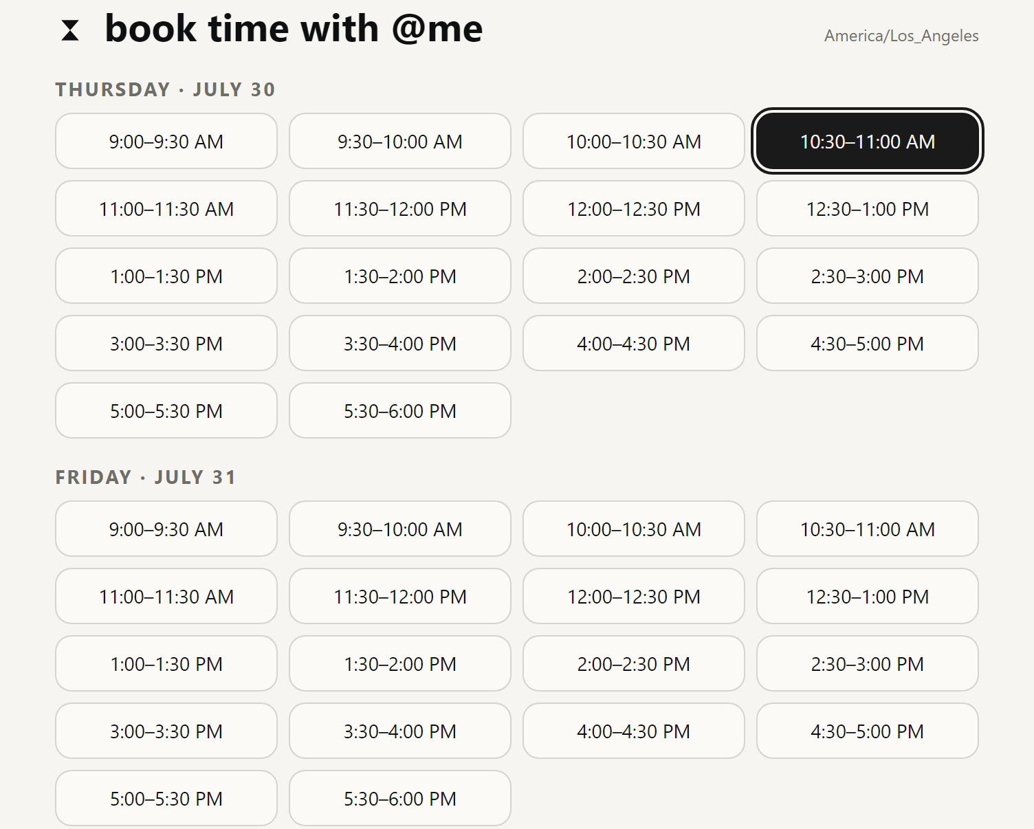 Public book-time page for @me with Thursday and Friday 30-minute availability slots.